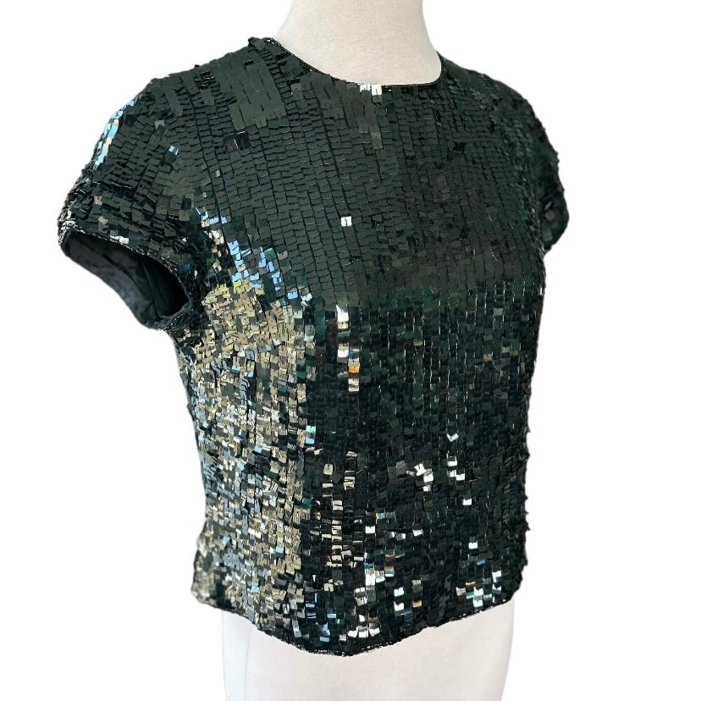 EUC Vintage Bob Mackie Boutique Black Sequin Short Sleeve Silk Top Fits S or M